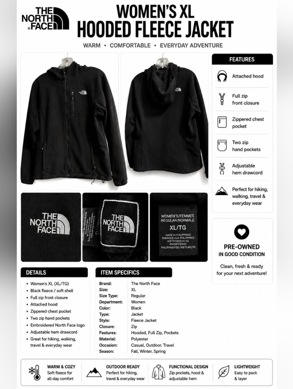 The North Face Women's XL Black Hooded Fleece Jacket Full Zip Soft Shell Coat